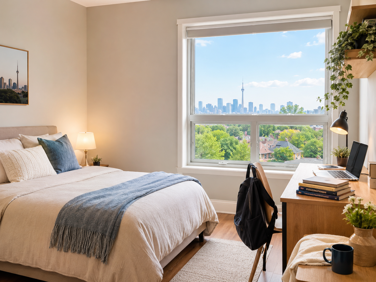 Cozy Toronto homestay bedroom with desk and city view