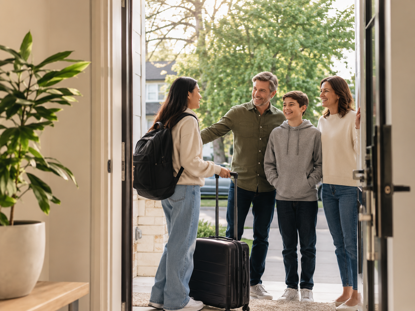 Host family welcoming an international student at the front door of a Toronto home